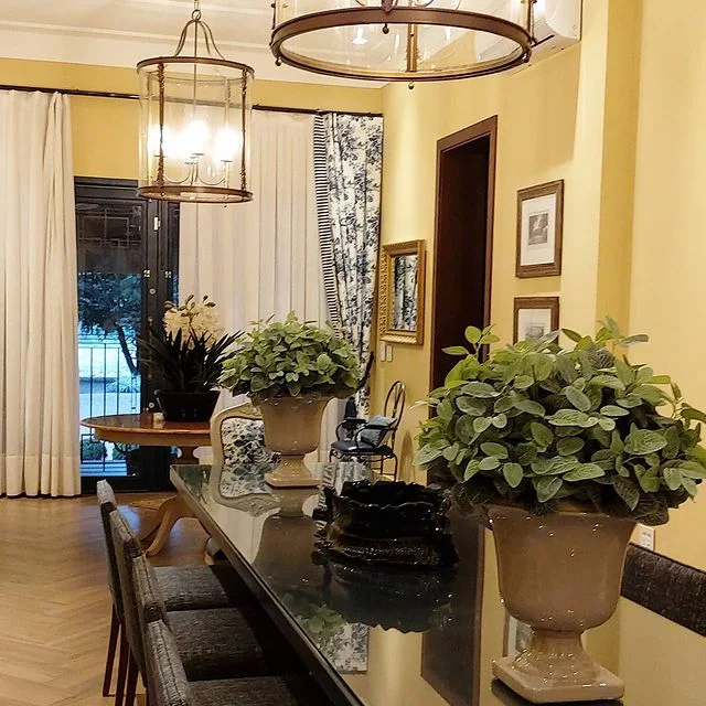 Sala de jantar ambientada com vasos de plantas e lustres