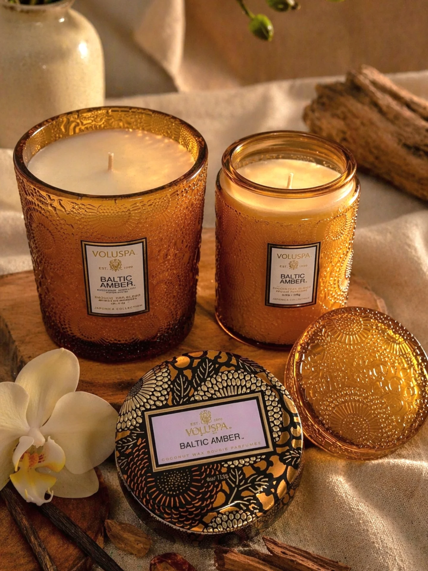 Velas perfumadas Voluspa Baltic Amber em vidro âmbar